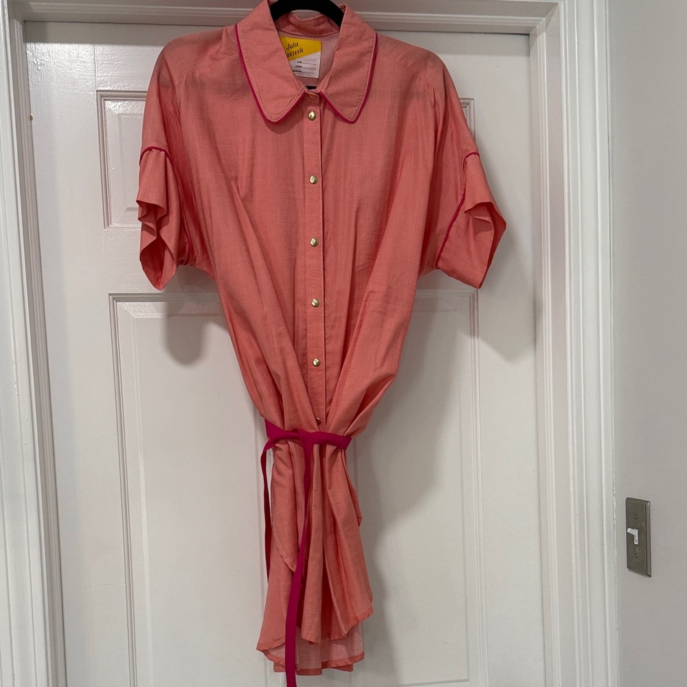 Coral Button-Up Tie-Waist Shirt Dress